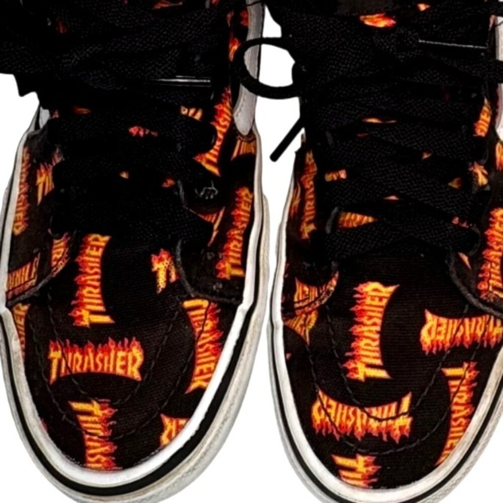Vans X Thrasher Sk8-Hi Flame Print Sneakers Size 5.5 Black & Orange Canvas Skate - Picture 6 of 7